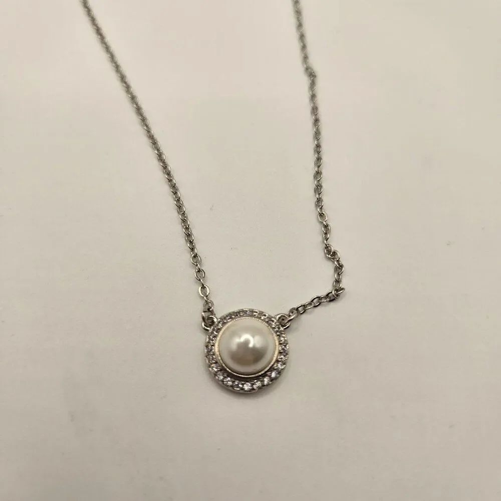 Vera Bradley Silver Pearl Pendant Necklace CZ Accents New